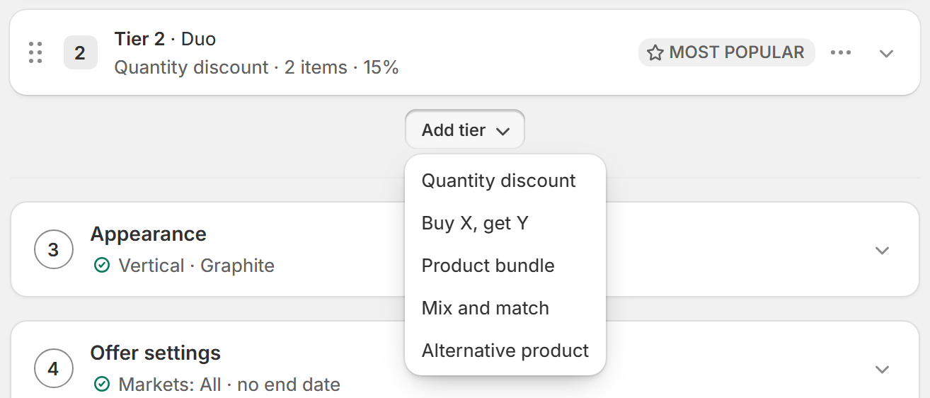 Add tier menu with the five tier types