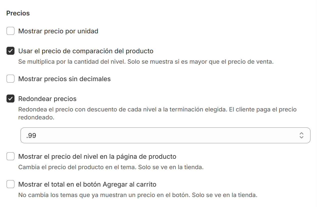 Ajustes de precios con Redondear precios activo y la terminación en .99