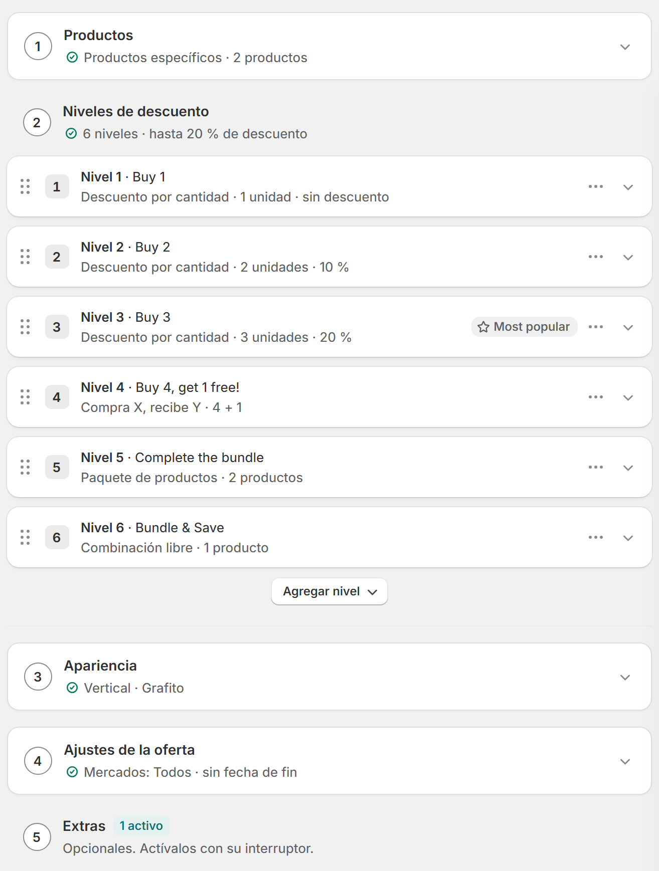 Editor de ofertas con los cinco pasos: Productos, Niveles, Apariencia, Ajustes y Extras