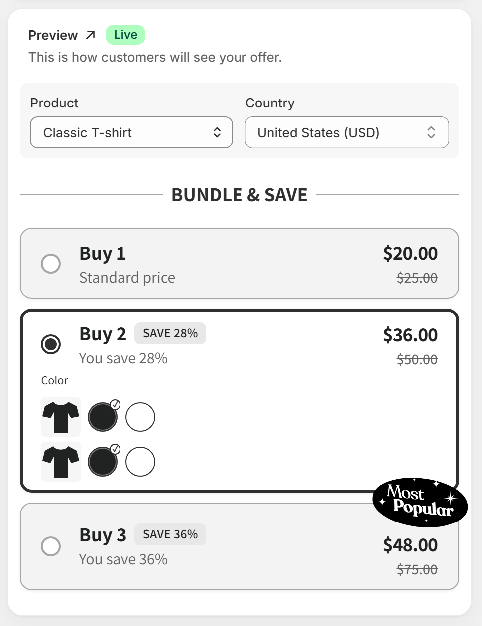 Editor preview with Product and Country menus and the live offer