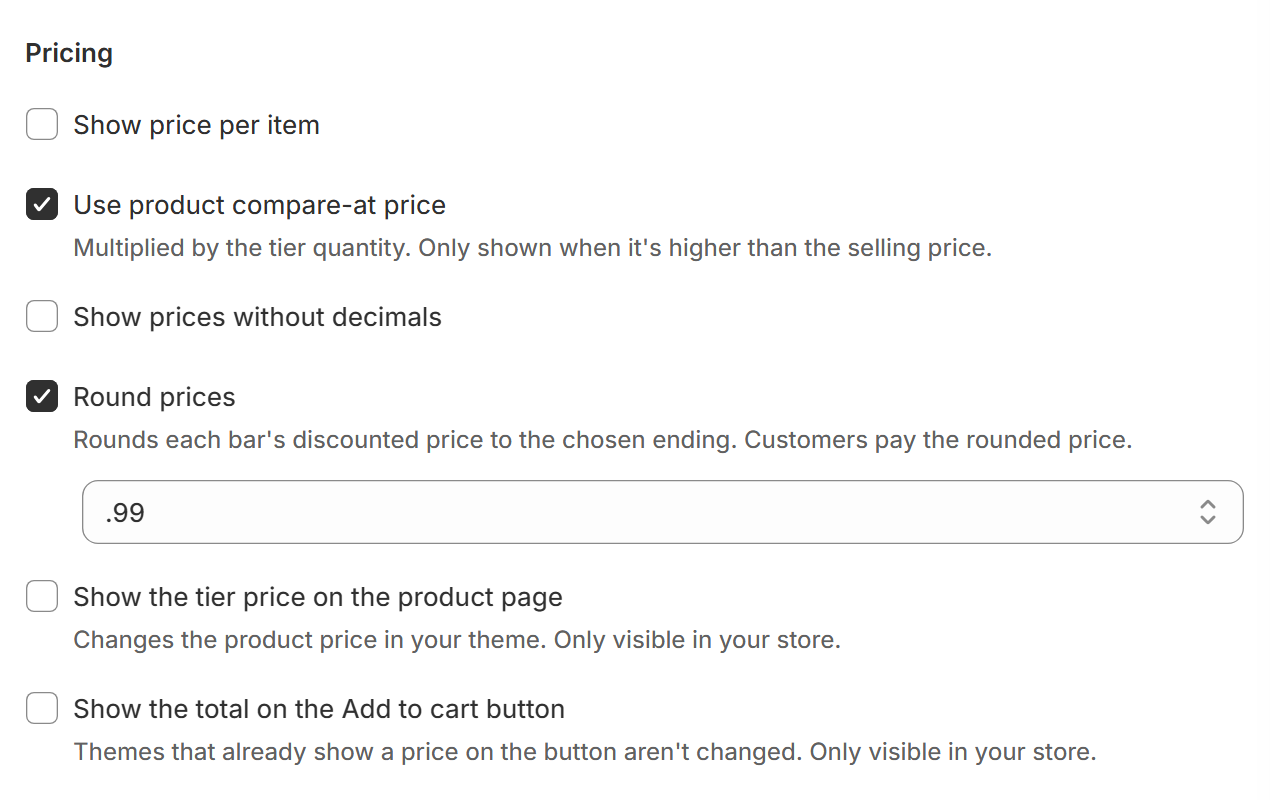 Pricing settings with Round prices on and the price ending set to .99