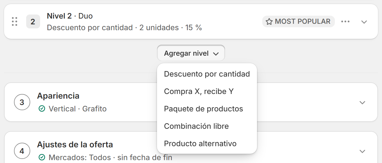 Menú Agregar nivel con los cinco tipos de nivel