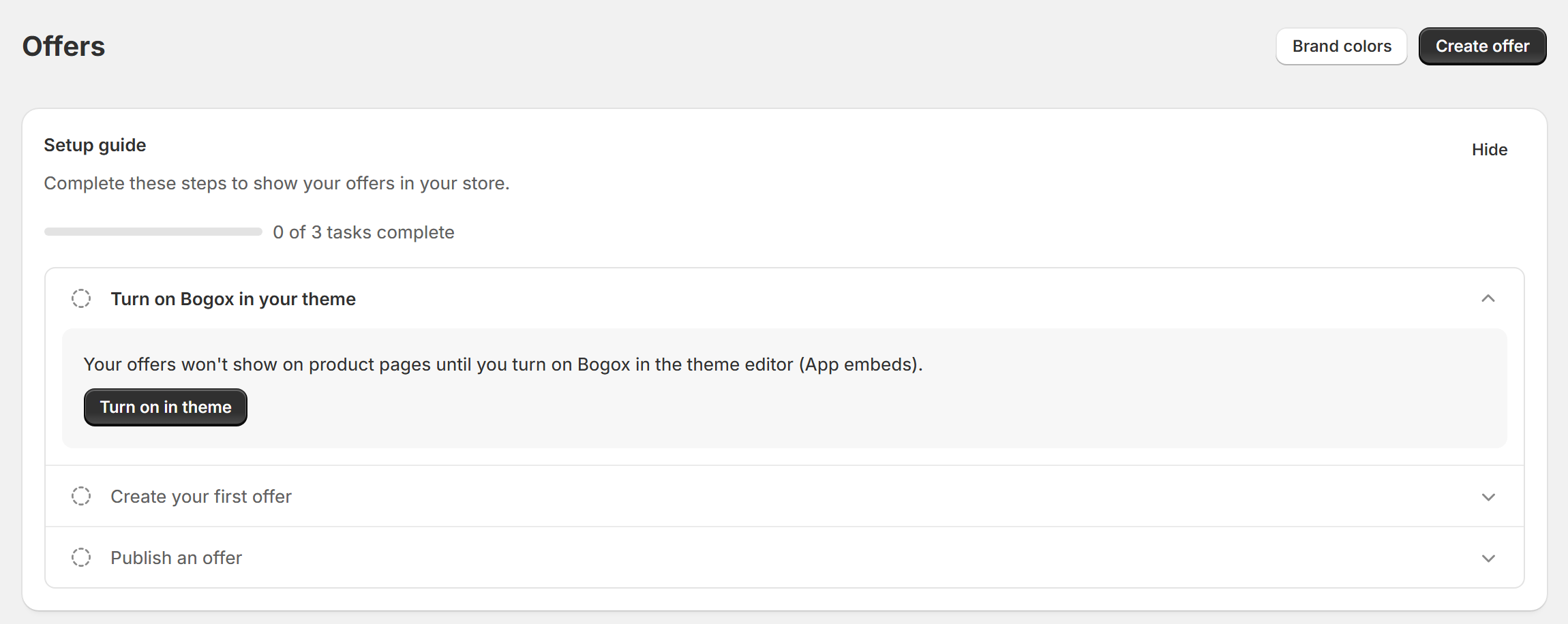 BOGOX Offers page with the Setup guide open at the step Turn on Bogox in your theme and its Turn on in theme button