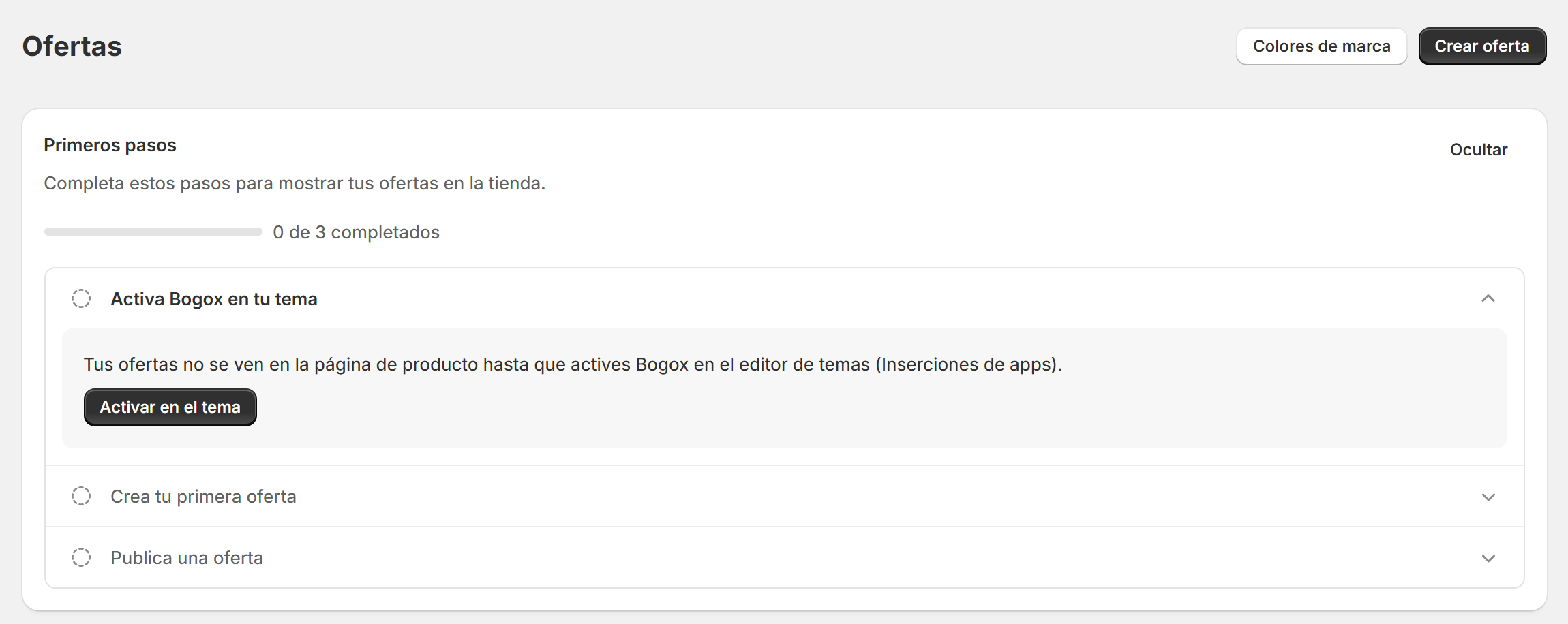 Guía Primeros pasos de BOGOX con el paso «Activa Bogox en tu tema» abierto y el botón para activarlo en el editor de temas