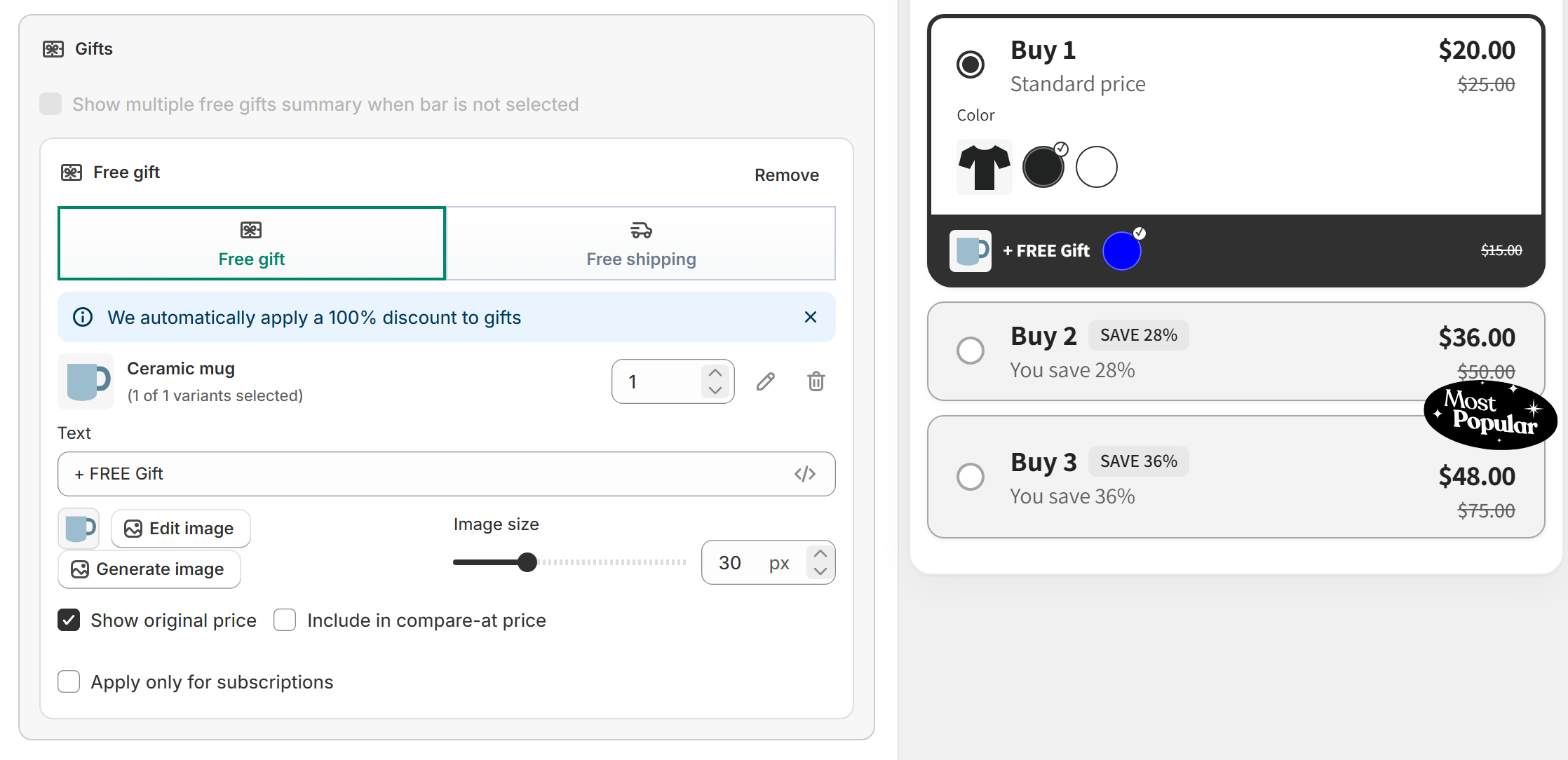 Tier Gifts panel with a free gift product, its text and the live preview