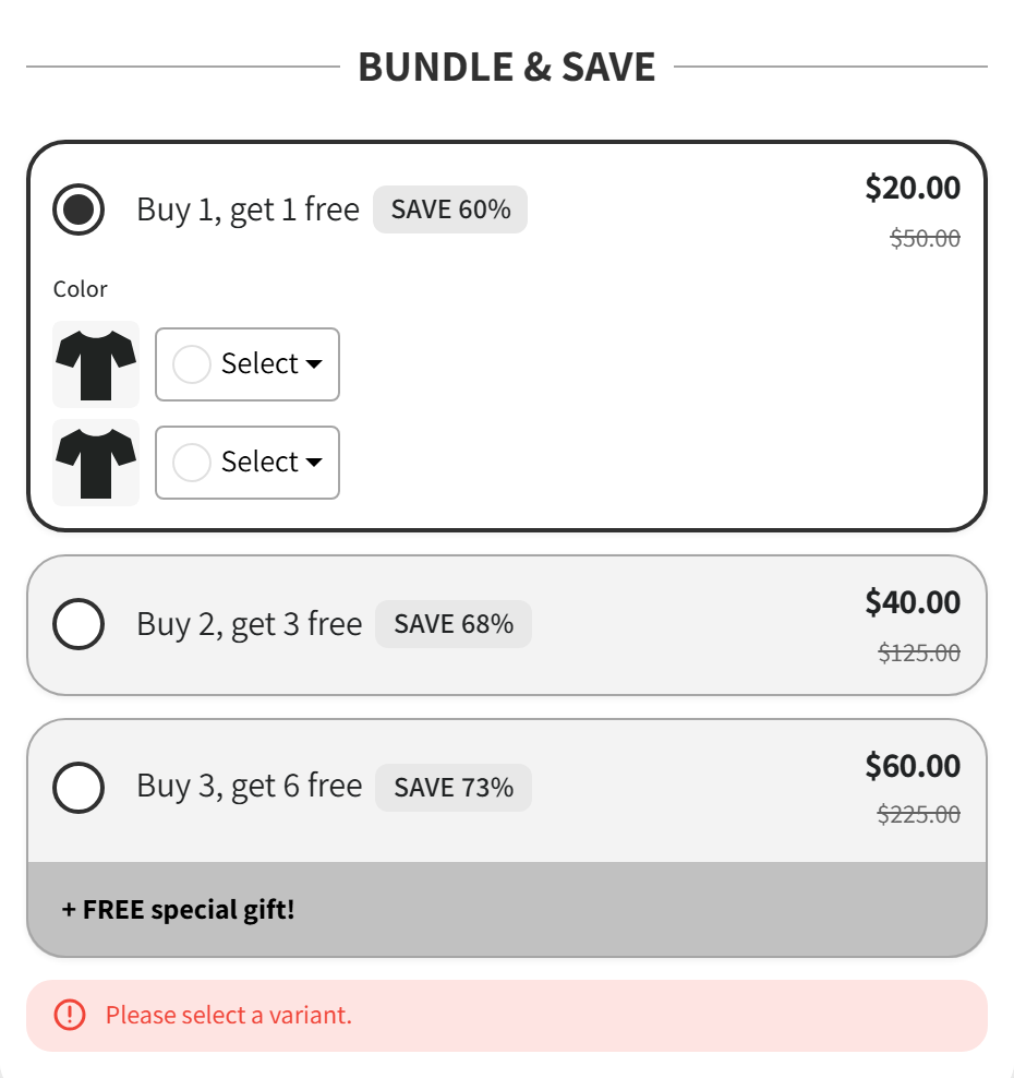Offer showing a Please select a variant alert under the tiers