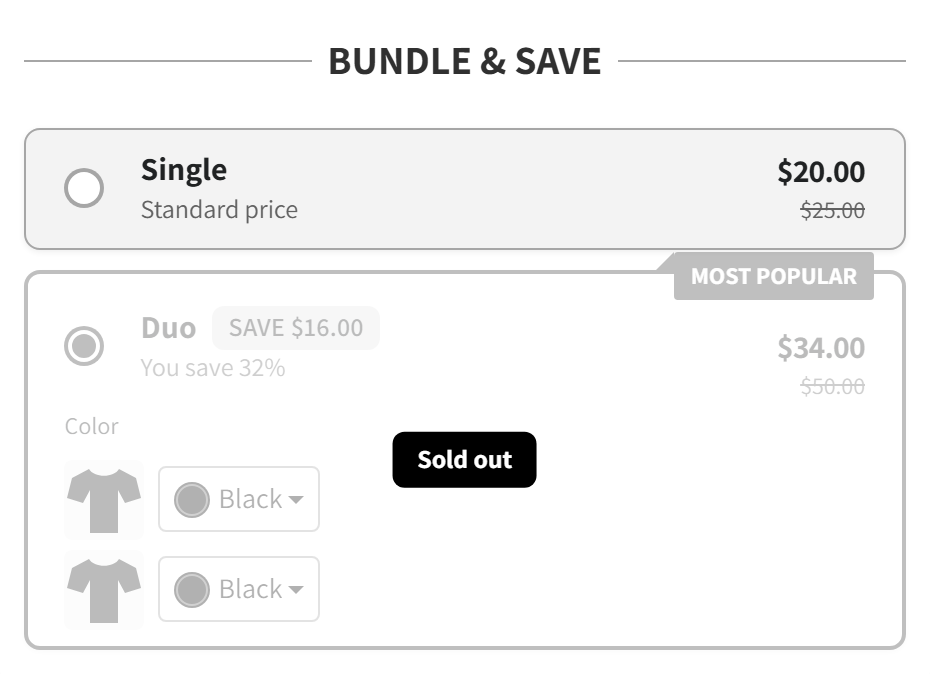 Offer where one tier is faded with a Sold out label
