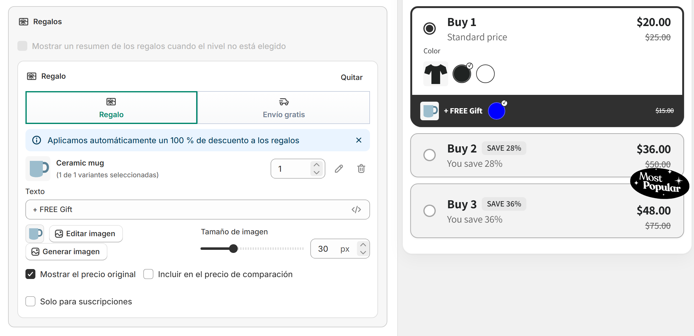 Panel de regalos del nivel con un producto gratis, su texto y la vista previa