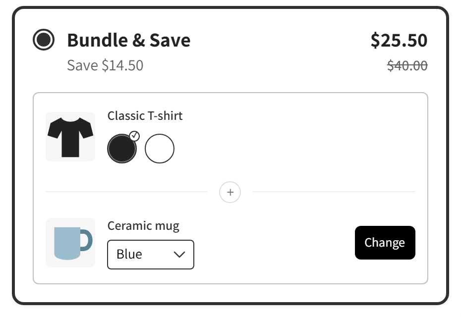 Mix and match tier with items and a Change button to swap each one