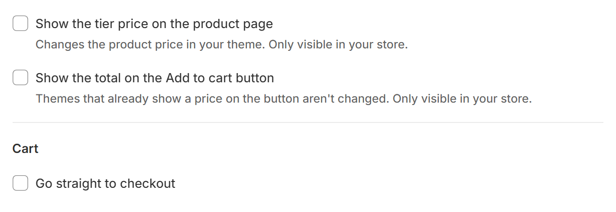 Options to show the tier price, the total on the button and go straight to checkout