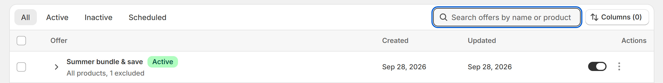 Offers table with status tabs, the search field and the Columns button
