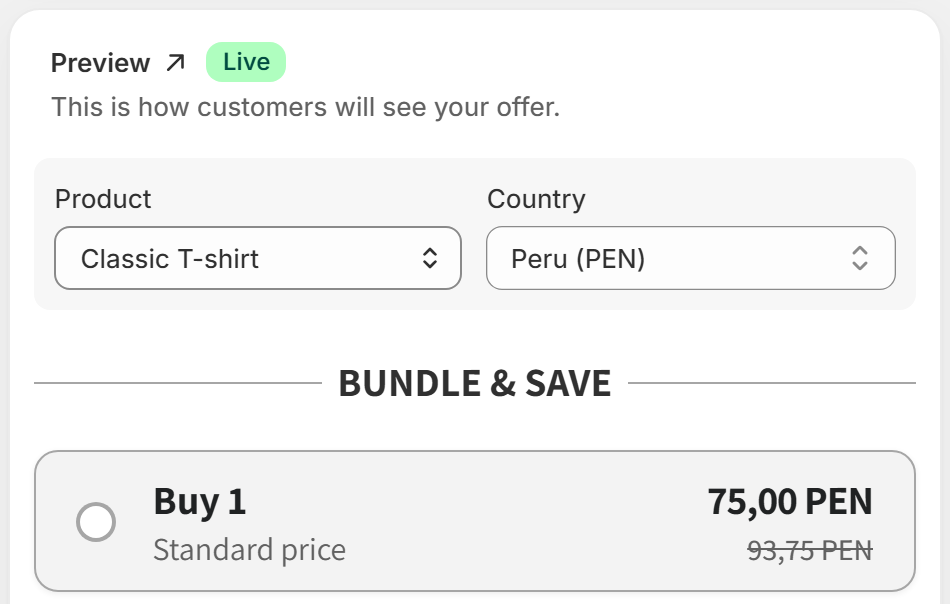 Preview Country menu with markets, and tier prices in another currency