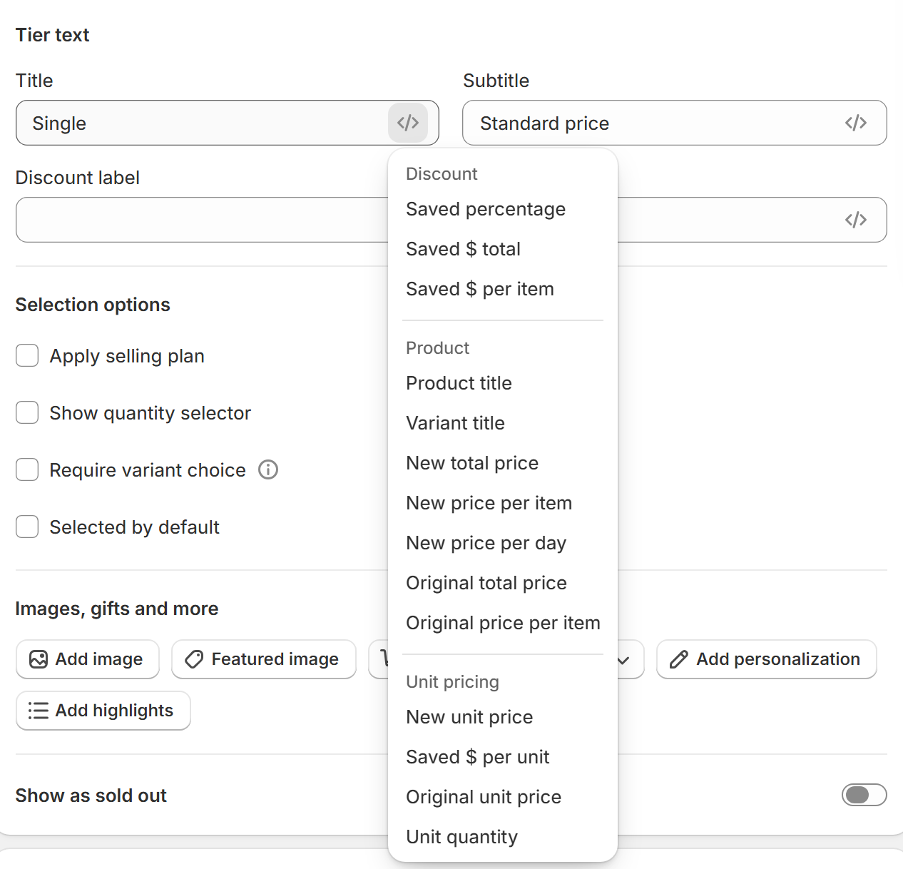 Tier title field with the dynamic values menu open