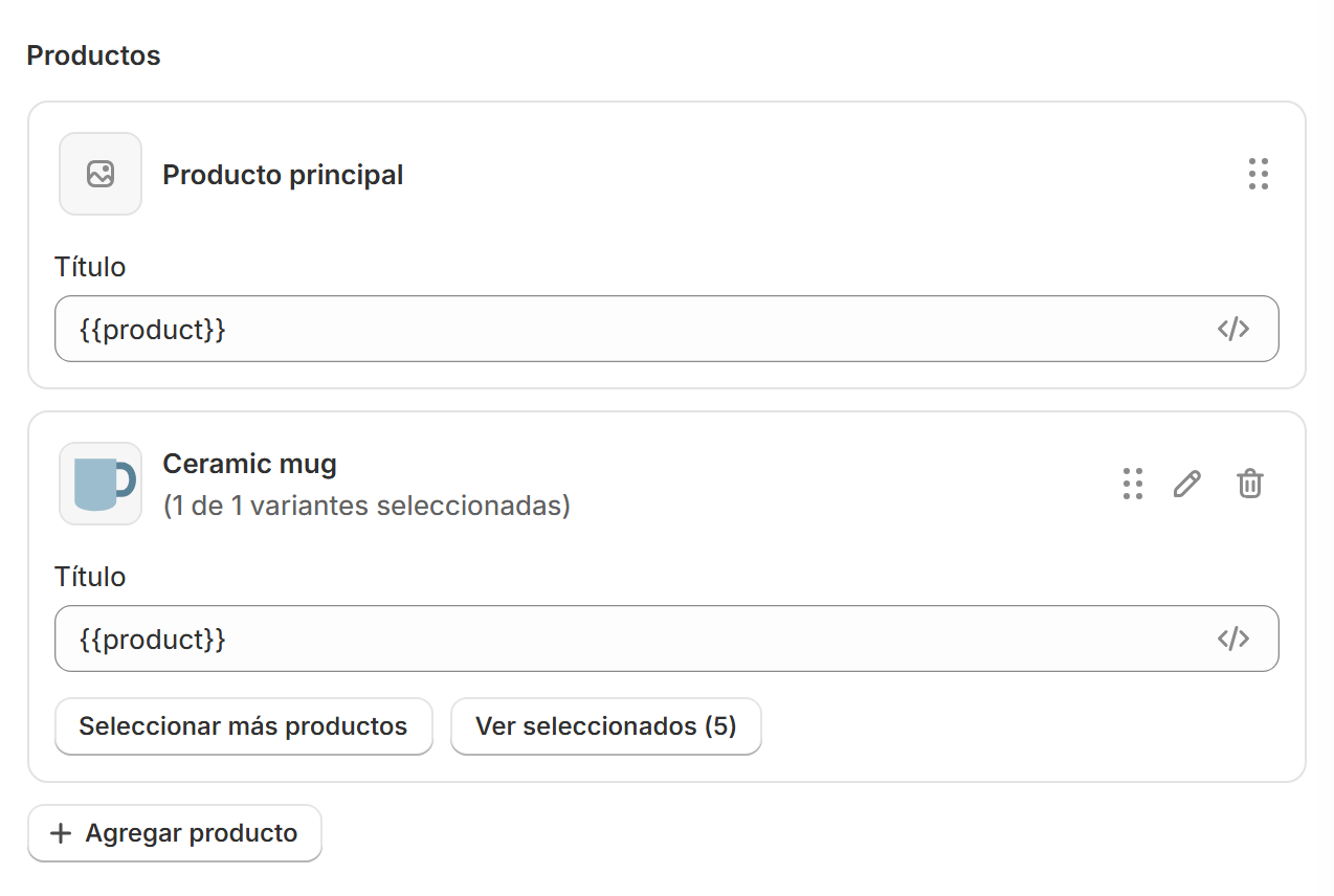 Productos de la combinación libre con productos intercambiables y Agregar producto