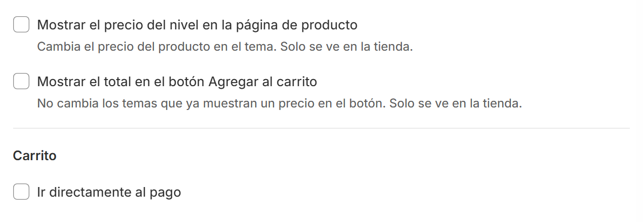Opciones para mostrar el precio del nivel, el total en el botón e ir directo al pago