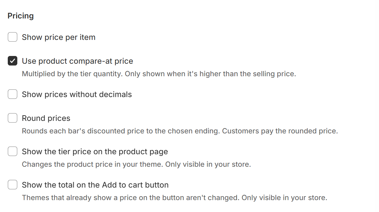 Pricing settings with Use product compare-at price ticked and its help text