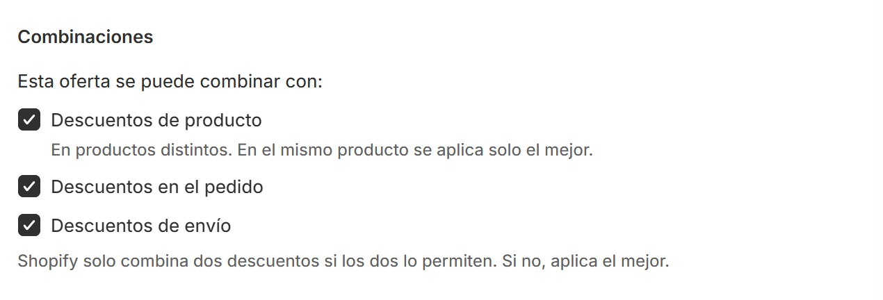 Ajustes de combinación con descuentos de productos, pedidos y envíos marcados