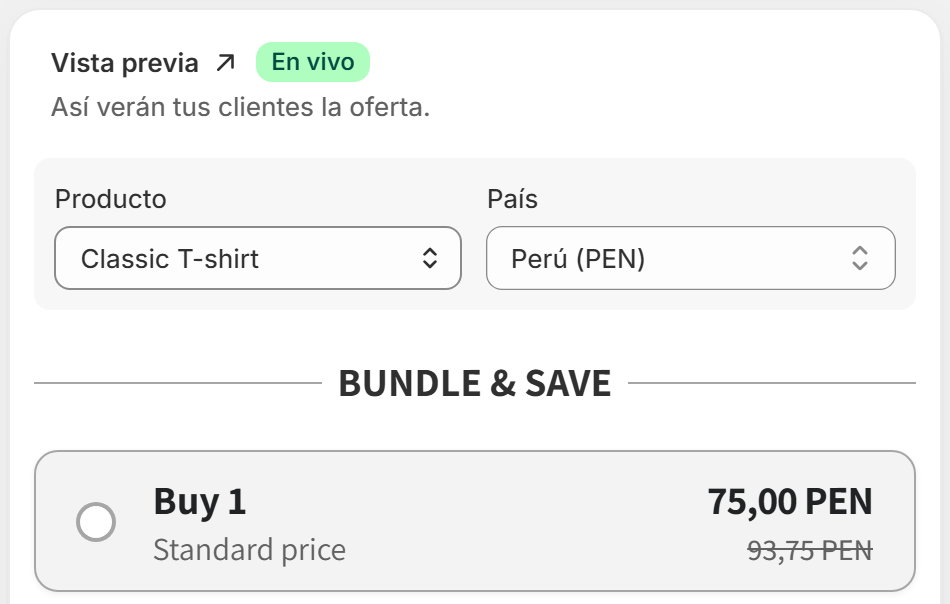 Menú País de la vista previa con mercados y precios de los niveles en otra moneda